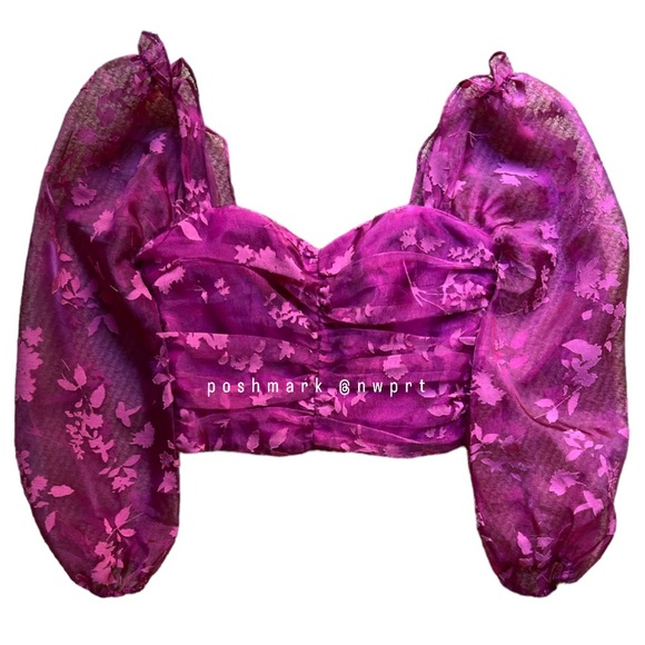 LOVERS + FRIENDS 💘 Octavia Pink Magenta Crop Top Ruched Blouse Puff Sleeve XS - Picture 2 of 9